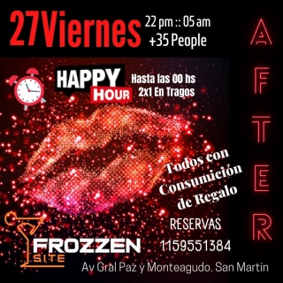 MUY IMPORTANTE... LOS LUGARES SON UNICAMENTE CON RESERVA Y QUEDAN MUY MUY POCOS PARA ESTE VIERNES.
Desde las 22 hs. Cenas, Bailas y la pasas genial, Sola- Solo- con Amigos o en Pareja.  -Todos los ingresos con consumicion de regalo
-2x1 en cocteleria hasta 00 hs.
-La musica q vos queres...  TODO EN EL MEJOR AMBIENTE "FROZZEN SITE"  1159551384.
NO ESPERES A Q TE LA CUENTEN...