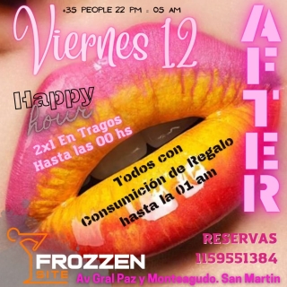 OTRO VIERNES EN " FROZZEN SITE" ...PARA VIVIR LA MEJOR NOCHE DE BS. AS.
- 2X1 EN COCTELERIA HASTA 00 HS.
-TODOS CON CONSUMICION DE REGALO HASTA 01 am.
-CARTA DE MINUTAS PARA Q ELIJAS TU CENA
-FESTEJAMOS TU CUMPLEAÑOS CON TORTA Y CHAMPAGNE DE REGALO.  IMPORTANTE: de 22 a 00 hs. Acceso exclusivo con reserva, luego sujeto a capacidad.  Reservas: 1159551384