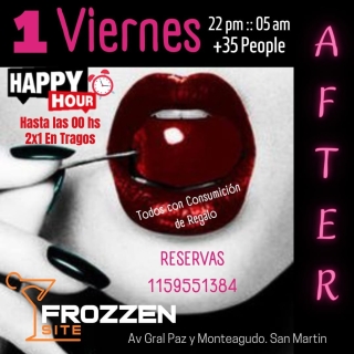 ULTIMOS LUGARES PARA ESTE VIERNES...
Se viene otra noche bien FROZZEN SITE
-Todos con consumicion de regalo
-2X1 en Cocteleria hasta 00 hs.
-Torta y brindis de regalo para los cumpleaños (solo con reserva)
-Excelente Gastronomia y mucho mas...
Dj HAT y LUCHO Dj vuelven a agitar la pista para q vivas la mejor noche de Bs. As.
HACE TUS RESERVAS AL 1159551384.