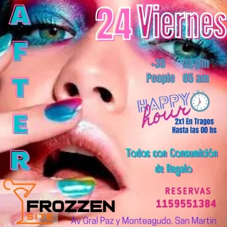 SE VIENE OTRO VIERNES CON TODO... QUEDAN POCOS LUGARES DISPONIBLES Y VOS NO TENES Q FALTAR.
-Desde las 22 hasta 05 am. 
-Todos con consumicion de regalo.
-2X1 en cocteleria hasta 00 hs.
DJ HAT y LUCHO DJ, la dupla explosiva de cada viernes haran vibrar una vez mas la pista de FROZZEN SITE  VENI Y DISFRUTA DE LA MEJOR NOCHE DE BS. AS. EN EL LUGAR Q VOS ELEGIS  HACE TUS RESERVAS AL 1159551384 Y NO ESPERES A Q TE LA CUENTEN... VIVILO.