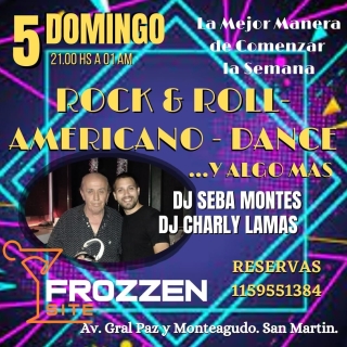 A LEER BIEN
TODAS LAS UBICACIONES SON CON RESERVA Y VOS TODAVIA PODES HACER LA TUYA.  ESTE DOMINGO DESDE LAS 21 HS. ARRANCAMOS LA SEMANA COMO MAS TE GUSTA "BAILANDO"
Dj SEBA MONTES Y EL HISTORICO CHARLY LAMAS SACUDIRAN LA PISTA PARA QUE VOS LO DISFRUTES. SOLA, SOLO, CON AMIGOS O EN PAREJA...  HACE TU RESERVA 1159551384
VENI A VIVIR LA MEJOR NOCHE A PURO AMERICANO Y ROCK.
