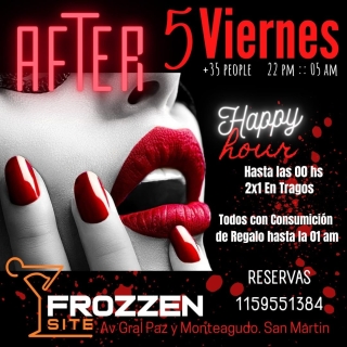 OTRO VIERNES BIEN BIEN "FROZZEN SITE"
-Todos con consumicion de regalo hasta la 01am.
-2x1 en cocteleria hasta 0 hs.
-Carta de minutas para elegir y cenar con amigos
-Seguimos celebrando tus alegrias con torta y champagne para el agazajado.  IMPORTANTE: Ingreso hasta 00 hs. Exclusivo con reservas, desp de las 00 hs. El ingreso queda sujeto a la capacidad.
Hace tus reservas 1159551384