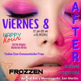 OTRO VIERNES BIEN "FROZZEN SITE"
-Todos con consumicion de regalo.
-2X1 en cocteleria hasta 00 hs.
-Carta de minutas para la cena
...Y toda la mudica de Dj Hat & Lucho Dj hasta las 05 am.
VENI A VIVIR LA MEJOR NOCHE DE BS. AS.  -IMPORTANTE LAS RESERVAS DE BOX Y MESAS SE MANTIENEN HASTA LAS 23.30 HS. LUEGO SE DISPONDRA DE LAS MISMAS.
-EL INGRESO ES EXCLUSIVO HASTA LAS 02.30 am. Capacidad limitada.