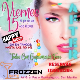 UN NUEVO VIERNES BIEN "FROZZEN SITE"
LUGARES PARA CENA COMPLETOS
TE ESPERAMOS EN LA BARRA PARA VIVIR OTRA NOCHE ES PEC TA CU LAR.
-TODOS CON CONSUMICION A ELECCION
-2X1 EN COCTELERIA HASTA 00 HS.
-CARTA DE MINUTAS PARA CENAR.
-CUMPLEAÑOS CON TORTA Y CHAMPAGNE DE REGALO*
...Y TODA LA MUSICA DE Dj. HAT & LUCHO Dj.
Hace tus reservas el acceso es por lista y la capacidad limitada.
Los lugares se reservan hasta 23.30 hs. Luego queda sujeto a disponibilidad.