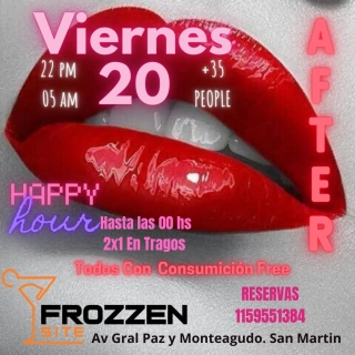 ULTIMOS LUGARES PARA ESTE VIRRNES...
Se viene otra noche bien FROZZEN SITE.
Desde las 22 hs. Para q puedas cenar con la mejor musica de aguante y a las 00 hs. Arrancamos con todo.
DJ HAT Y LUCHO DJ una vez mas haran estallar la pista y vos tenes que estar ahi para vivirlo.
Muchos festejos de cumpleaños, vos tambien podes celebrar el tuyo, recorda q La Torta y El Champagne te lo regalamos nosotros.
HACE TUS RESERVAS AL 1159551384.
VAS A ESPERAR A Q TE LA CUENTEN...?