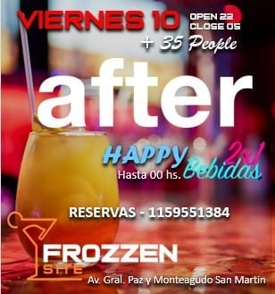 ULTIMOS LUGARES...
"FROZZEN SITE" ... VOS YA ELEGISTE DONDE PASAR LA MEJOR NOCHE DE VIERNES.
-Desde las 22 hs. Todos los ingresos con trago de Cocteleria a eleccion.
-2X1 en barra de tragos hasta las 00 hs.
- Festeja tu Cumpleaños con amigos que nosotros te regalamos la Torta y el brindis con Champagne
VOS YA SABES...
Dj Hat y Lucho Dj Sacuden la Pista para q lo pases como nunca.
HACE TUS RESERVAS Y VENI A VIVI LA MEJOR NOCHE DE BS. AS.  ...O VAS A ESPERAR A Q TE LA CUENTEN.